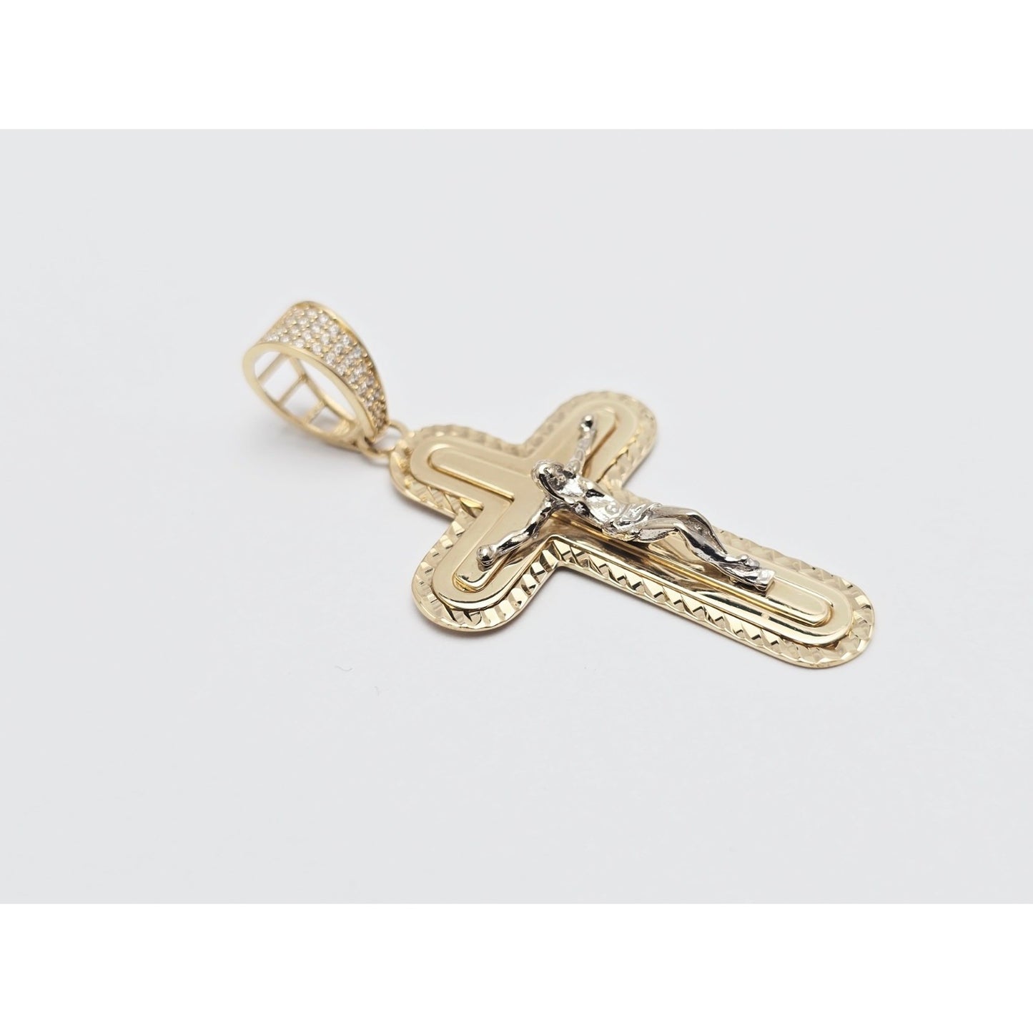 14K Two Tone Gold Jesus on Cross CZ Charm Pendant
