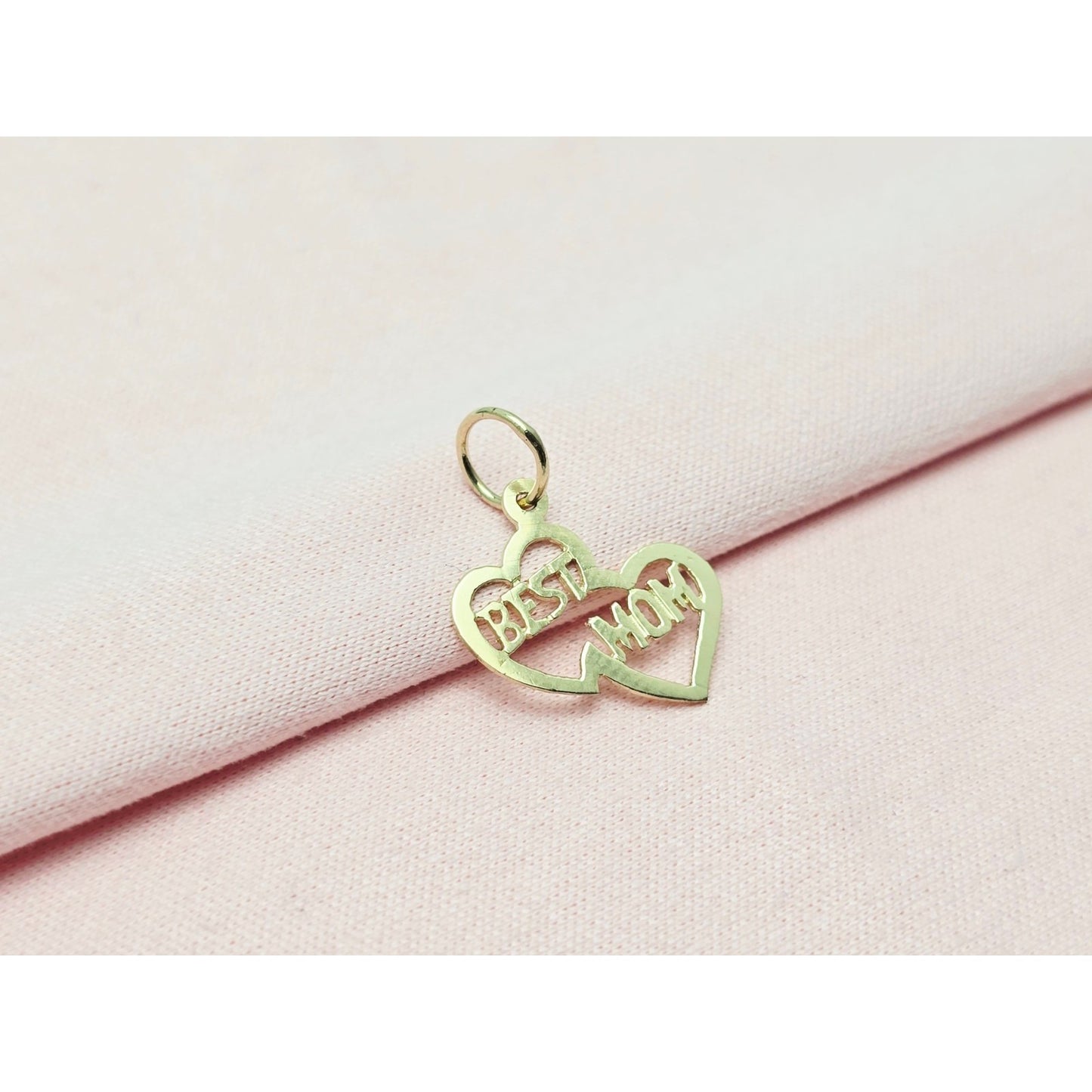 14K Yellow Gold Initial Best Mom Double Heart Charm Pendant