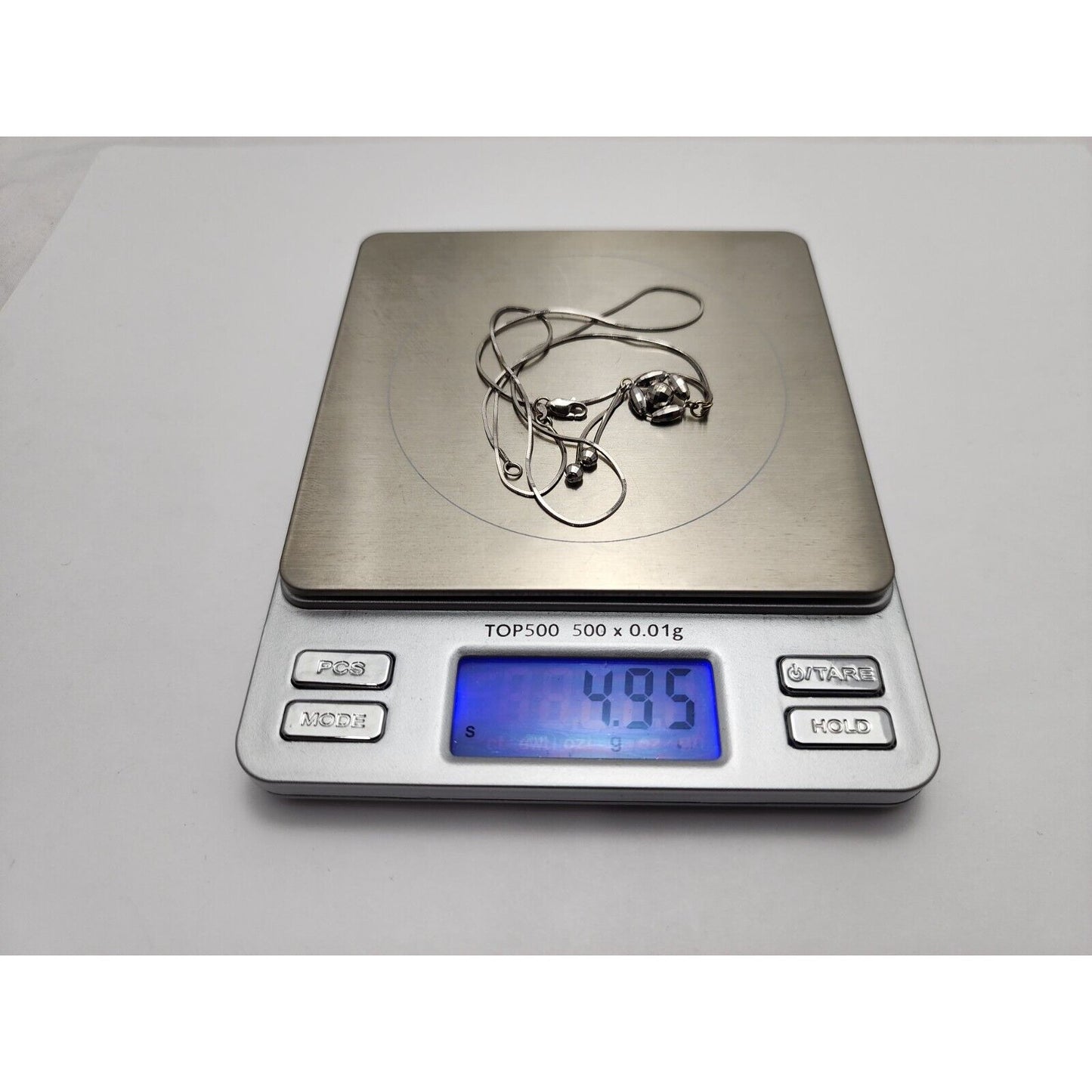 18K White Gold Square Snake Link Chain Necklace & Charm Pendant