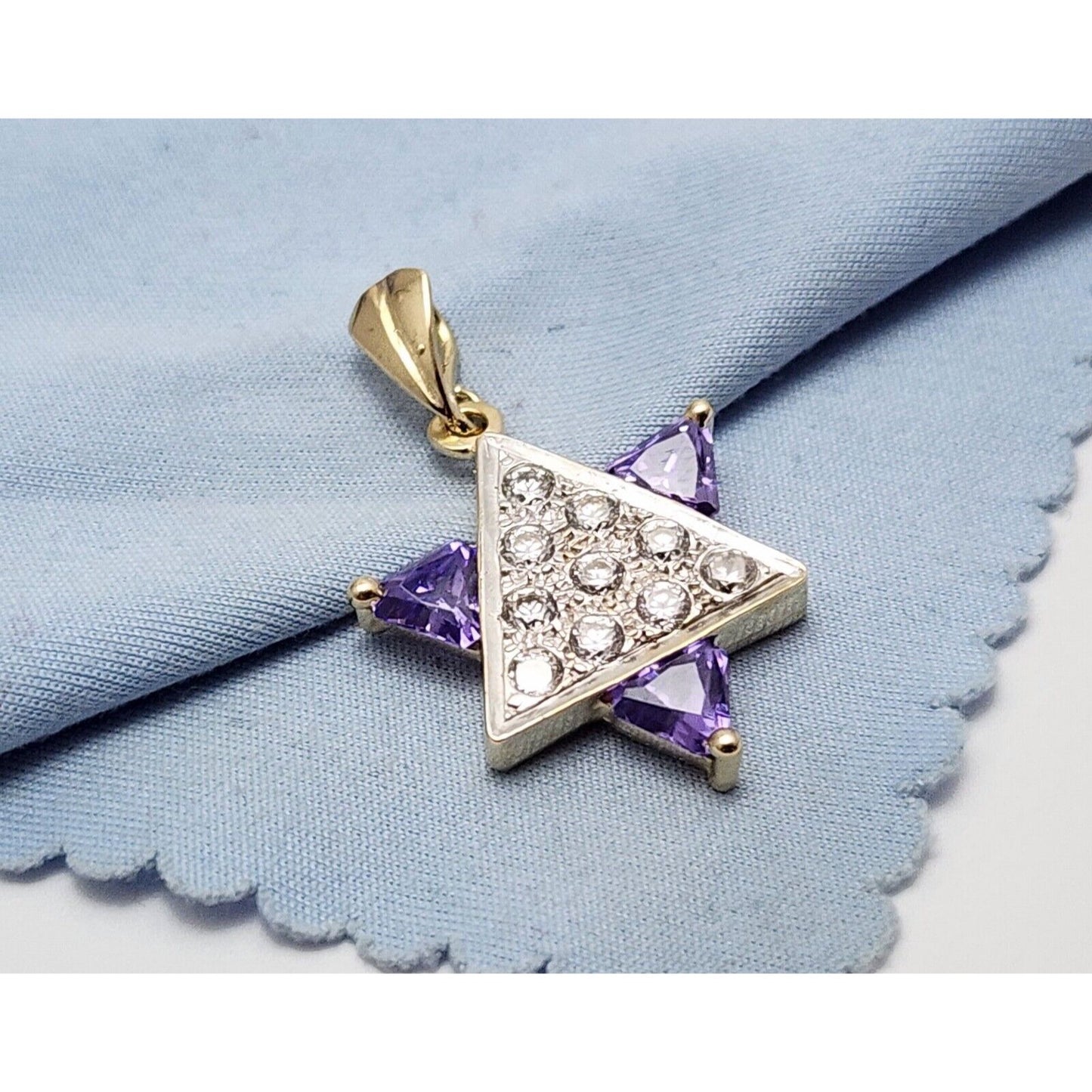 14K Two Tone Gold Star of David CZ & Amethyst Charm Pendant