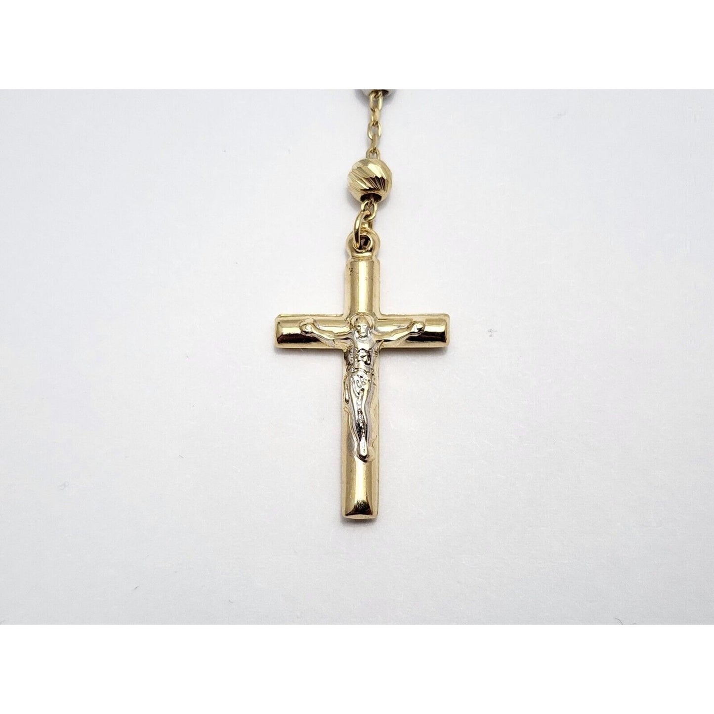 14K Tri Tone Gold Bead Ball Rosary Cross Link Chain Necklace