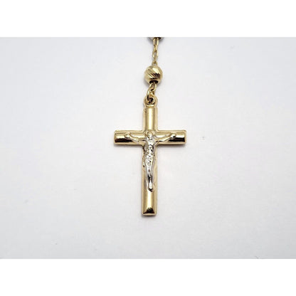 14K Tri Tone Gold Bead Ball Rosary Cross Link Chain Necklace