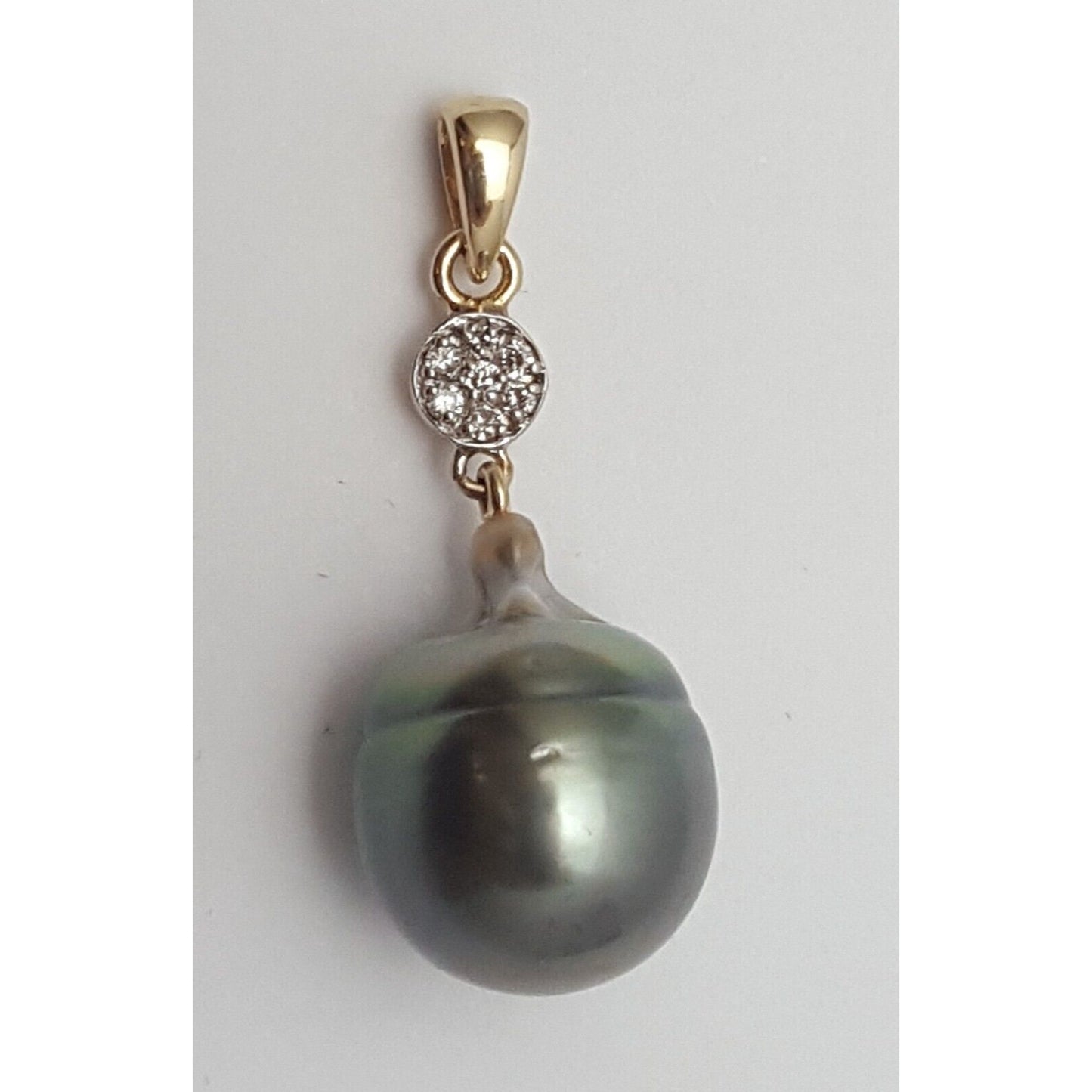 14K Solid Yellow Gold Drop Dangle Tahitian Pearl & Diamond Charm Pendant