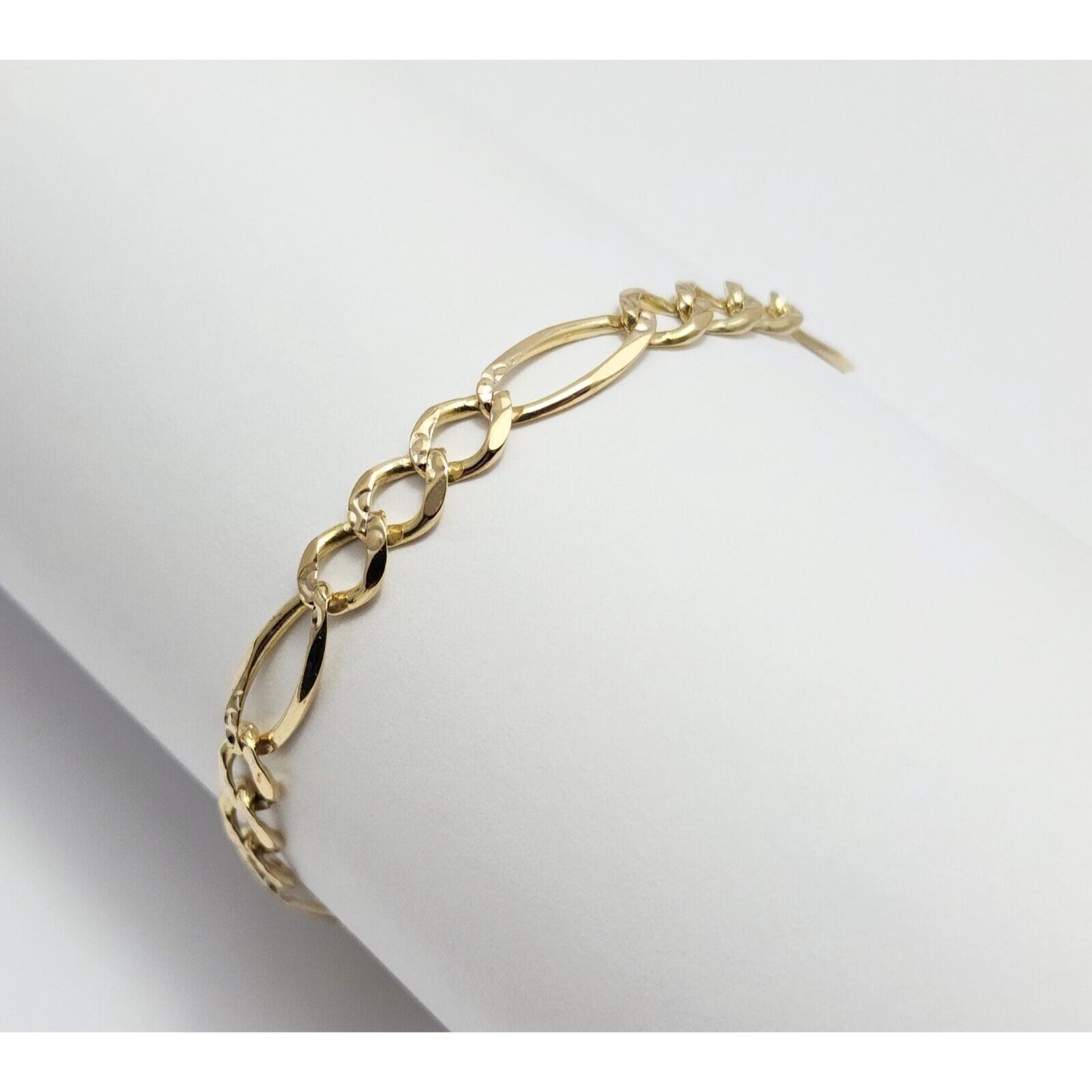 14K Solid Yellow Gold Diamond Cut Figaro Link Bracelet