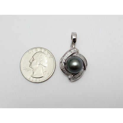 14K Solid White Gold Drop Dangle Tahitian Pearl & Diamond Charm Pendant