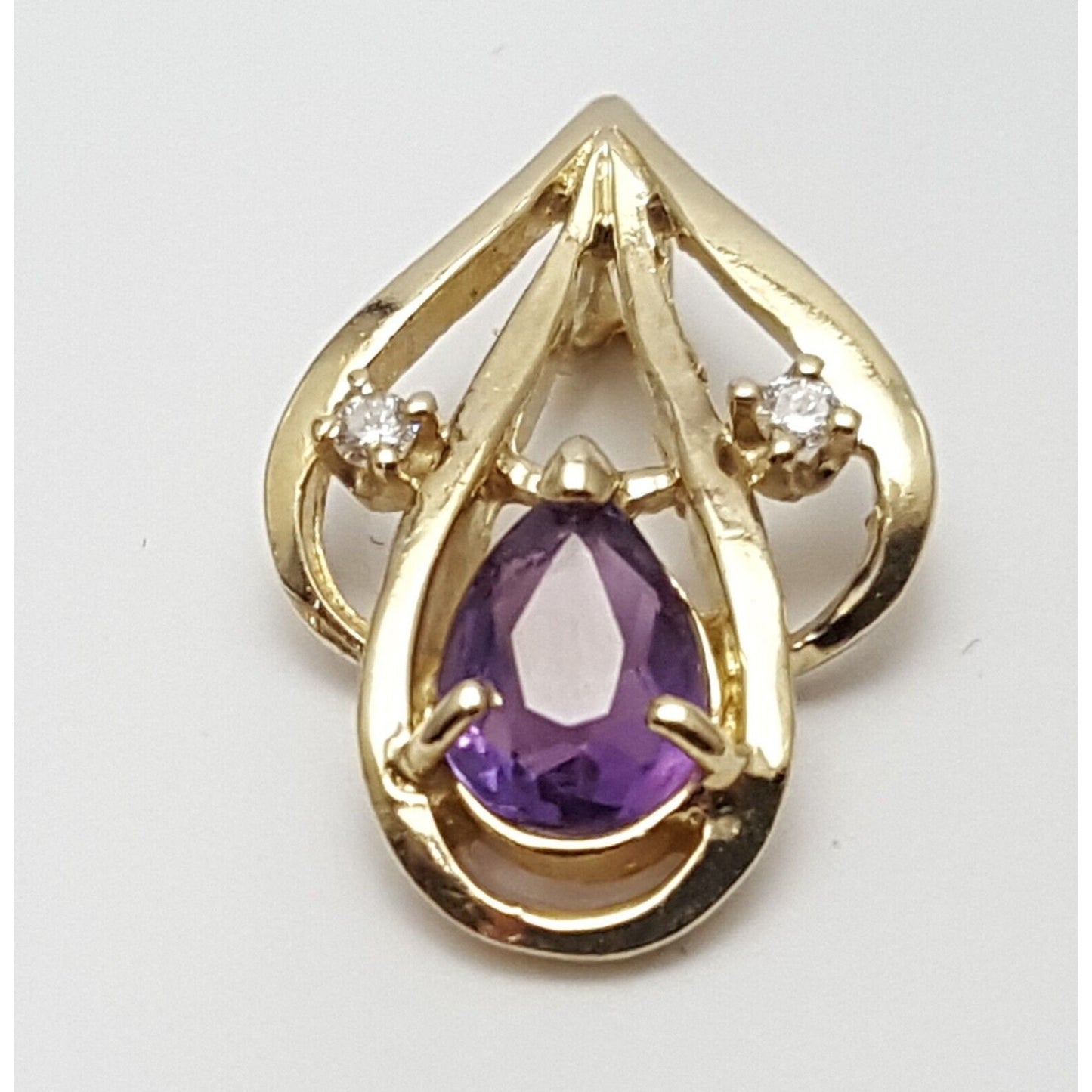 14K Solid Yellow Gold Amethyst & Diamond Drop Charm Pendant