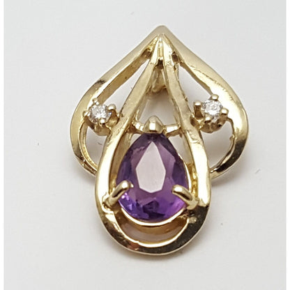 14K Solid Yellow Gold Amethyst & Diamond Drop Charm Pendant