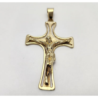 14K Solid Yellow Gold Designer Religious Jesus on Cross Charm Pendant