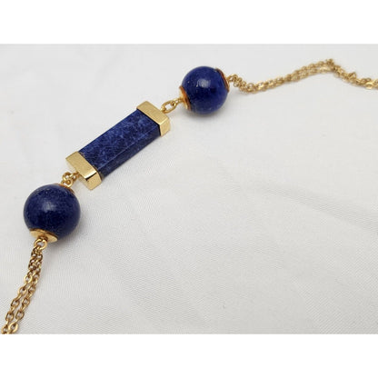 18K Solid Yellow Gold Floral Lapis Lazuli Bead Ball Link Chain Necklace