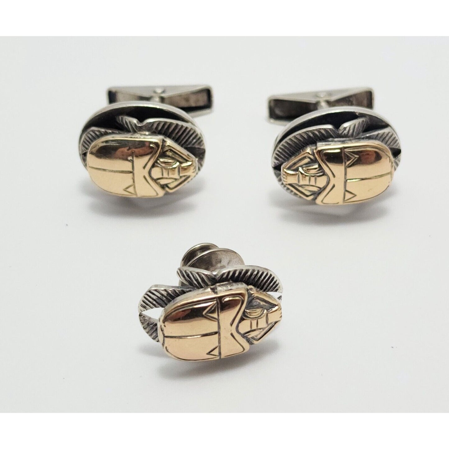 Allan Adler Sterling Silver & GP Scarab Cufflinks & Pin Silversmith to the Stars