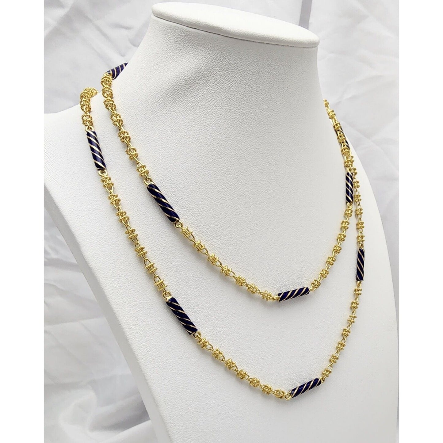 18K Yellow Gold Blue Enamel Link Chain Necklace