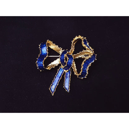 Vintage Victorian Tiffany & Co 18K Solid Yellow Gold Blue Enamel Bow Brooch Pin