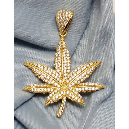 10K Solid Yellow Gold Cubic Zirconia Marijuana Leaf Weed Charm Pendant