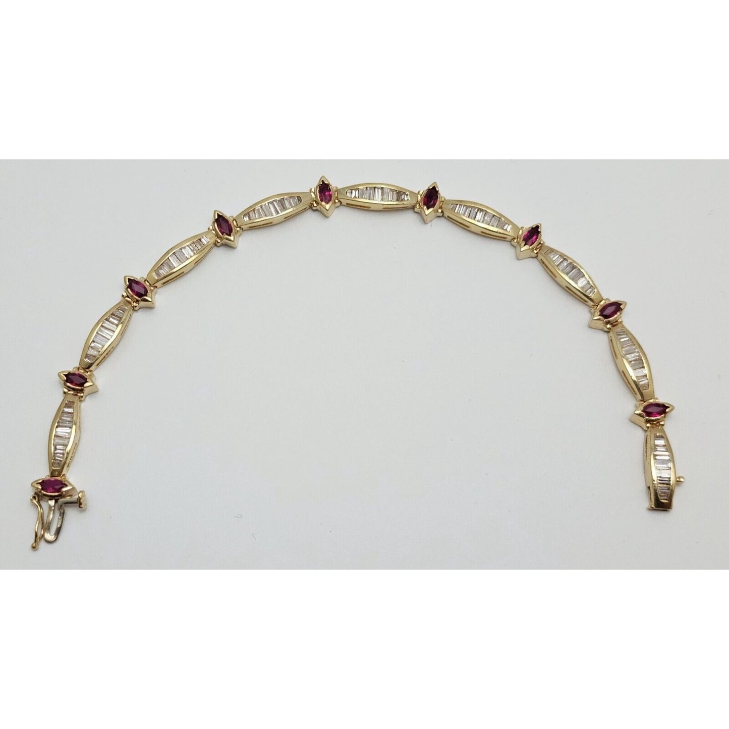 14K Solid Yellow Gold Designer Ruby & Diamond Tennis Link Bracelet