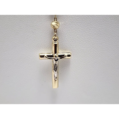 14K Tri Tone Gold Bead Ball Rosary Cross Link Chain Necklace