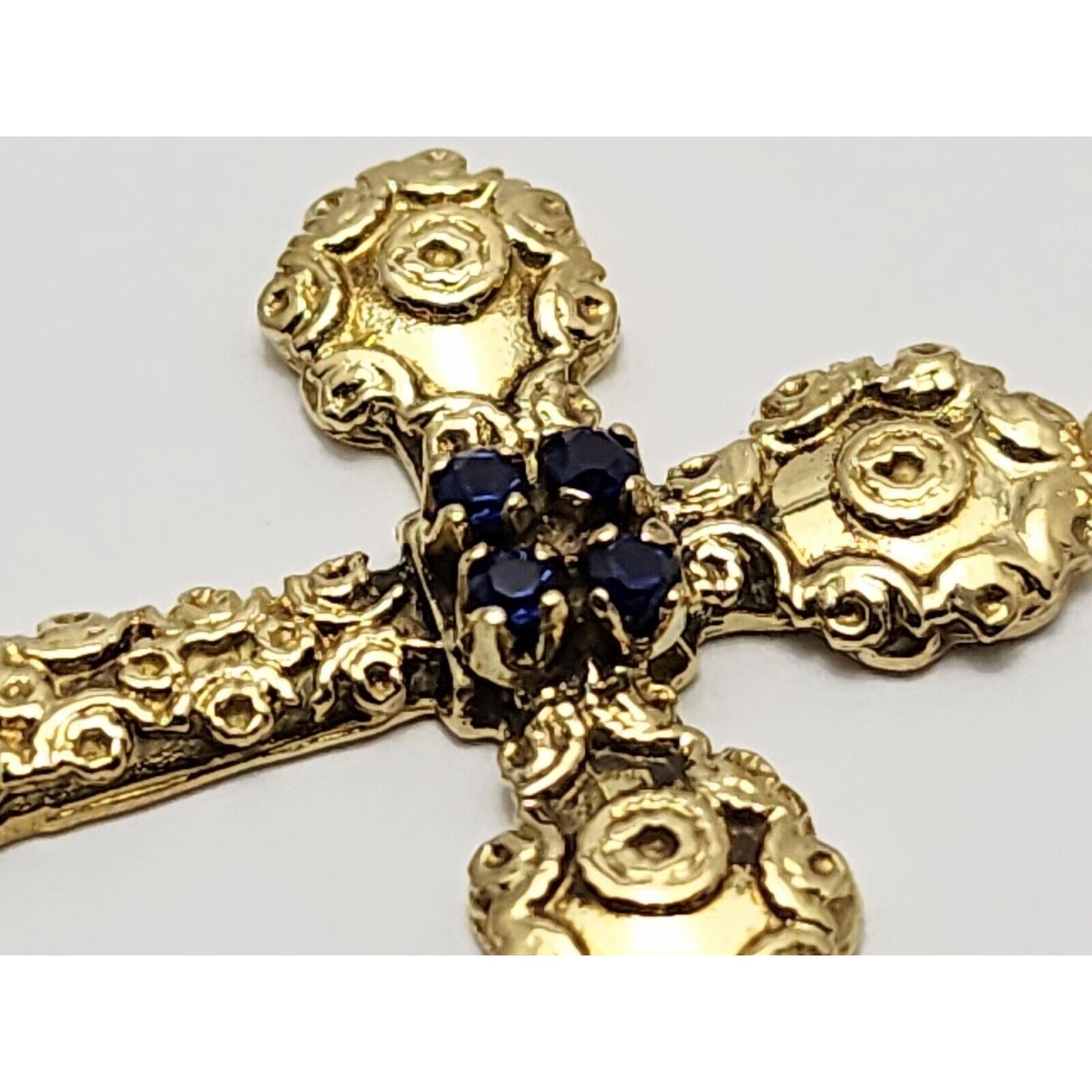 18K Solid Yellow Gold Religious Sapphire Cross Charm Pendant