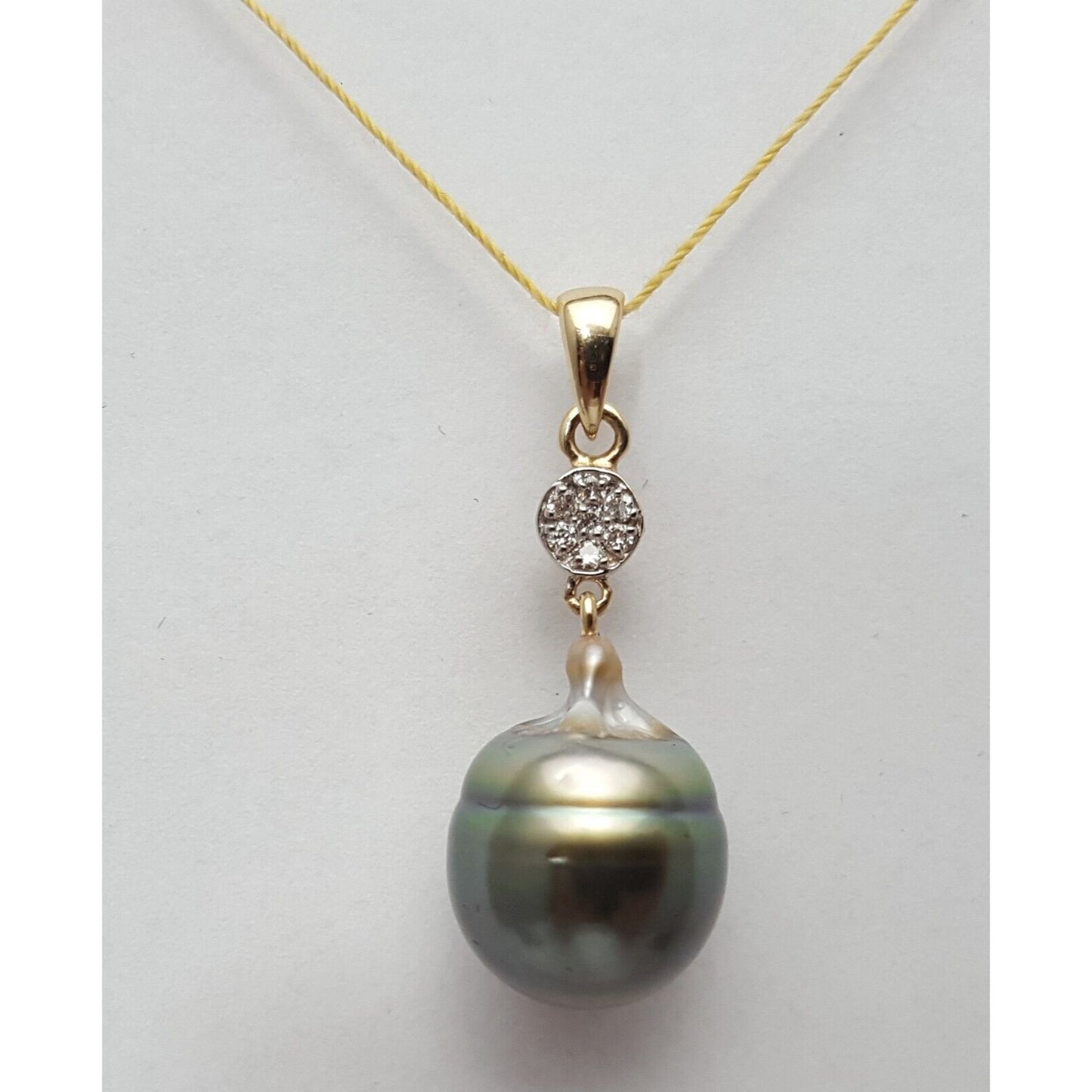 14K Solid Yellow Gold Drop Dangle Tahitian Pearl & Diamond Charm Pendant