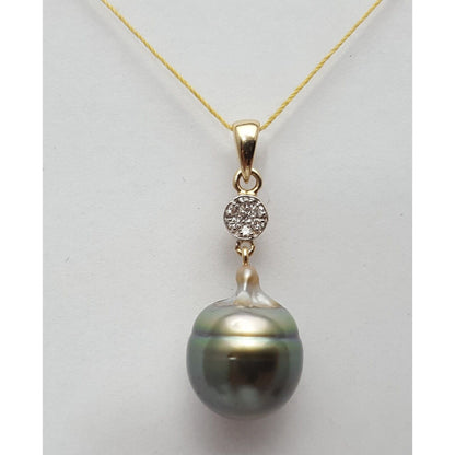 14K Solid Yellow Gold Drop Dangle Tahitian Pearl & Diamond Charm Pendant