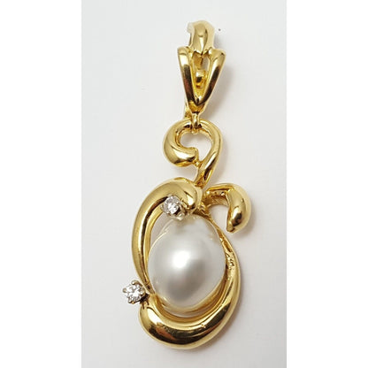 18K Solid Yellow Gold Designer Pearl & Diamond Drop Dangle Charm Pendant