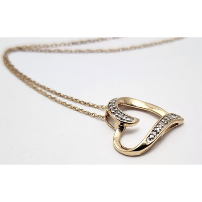 10K Yellow Gold Open Heart Diamond Charm Pendant & Link Chain Necklace