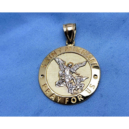 14K Two Tone Gold Religious Round Saint Michael Charm Pendant