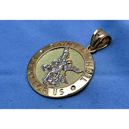 14K Two Tone Gold Religious Round Saint Michael Charm Pendant