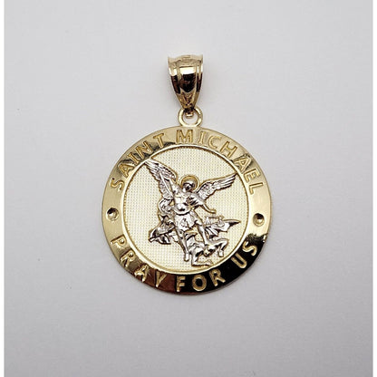 14K Two Tone Gold Religious Round Saint Michael Charm Pendant