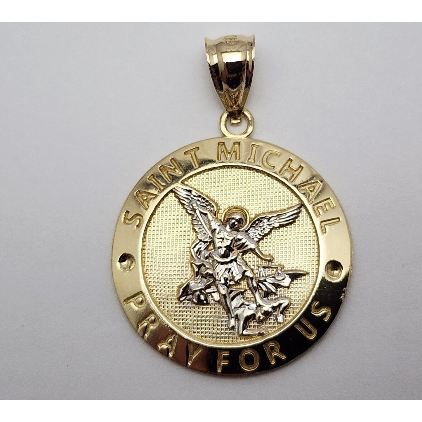 14K Two Tone Gold Religious Round Saint Michael Charm Pendant