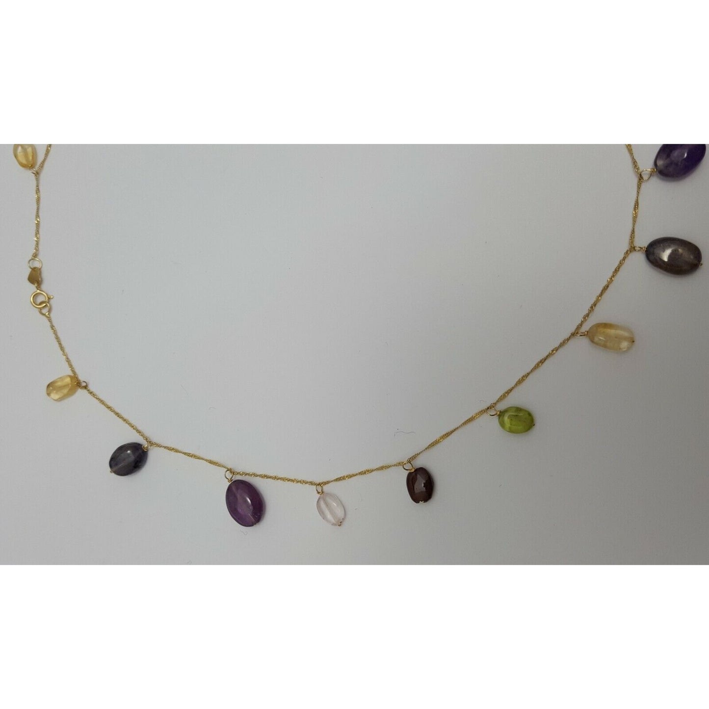 18K Yellow Gold Multi Colored Gemstones Garnet Peridot Amethyst Chain Necklace