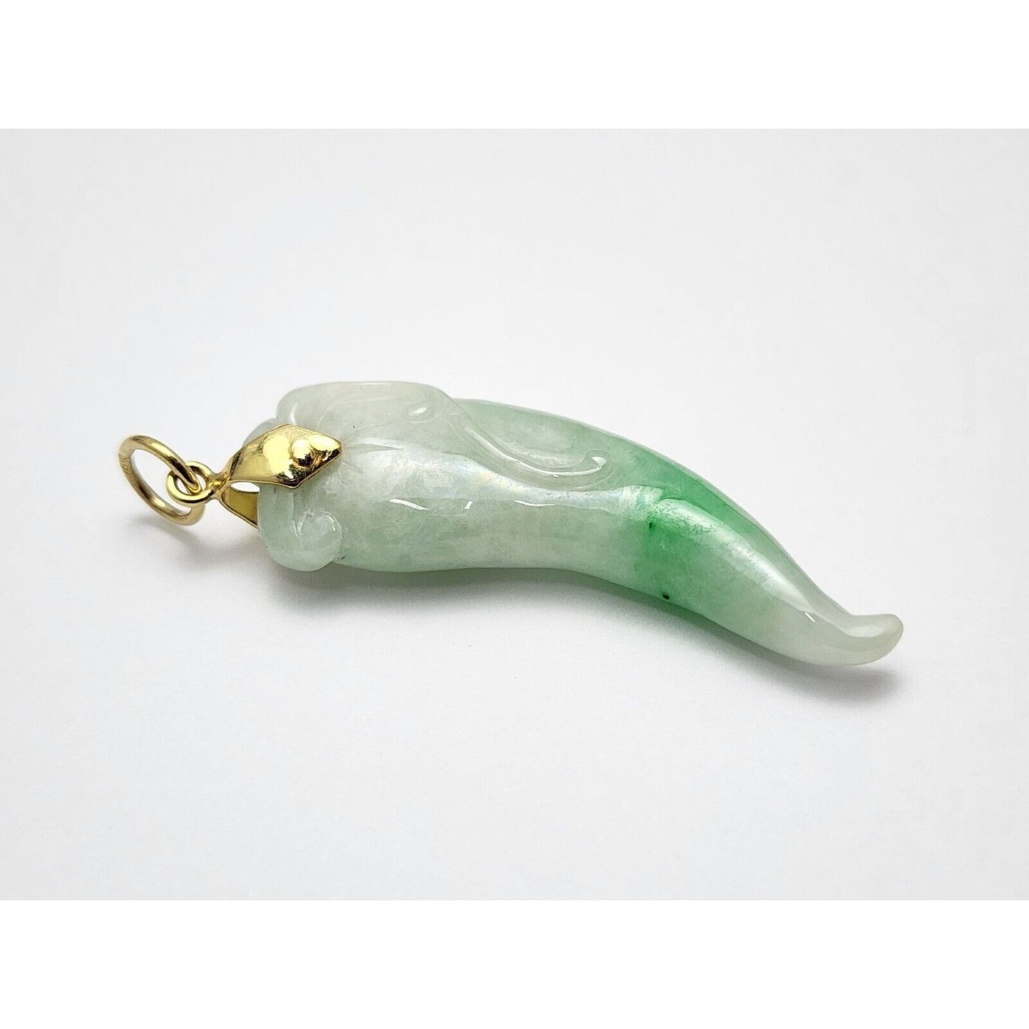 14K Yellow Gold Green Jadeite Jade Carved Chili Pepper Charm Pendant