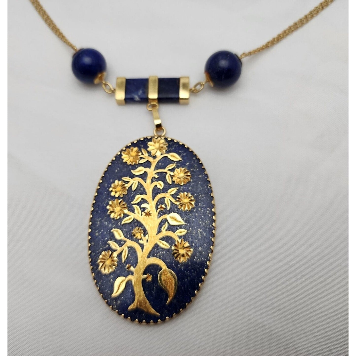 18K Solid Yellow Gold Floral Lapis Lazuli Bead Ball Link Chain Necklace