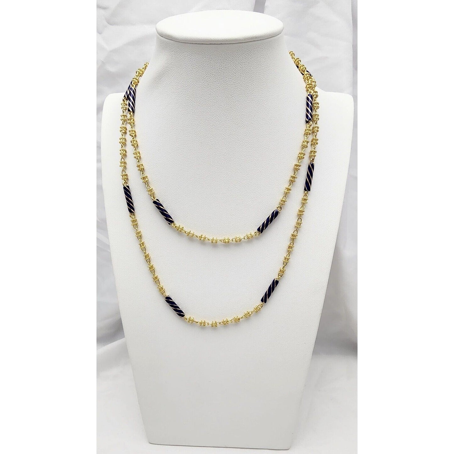 18K Yellow Gold Blue Enamel Link Chain Necklace