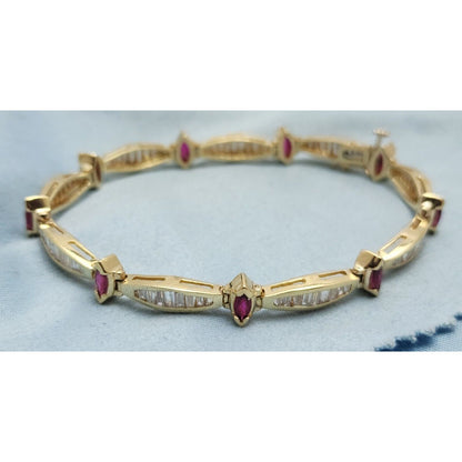 14K Solid Yellow Gold Designer Ruby & Diamond Tennis Link Bracelet