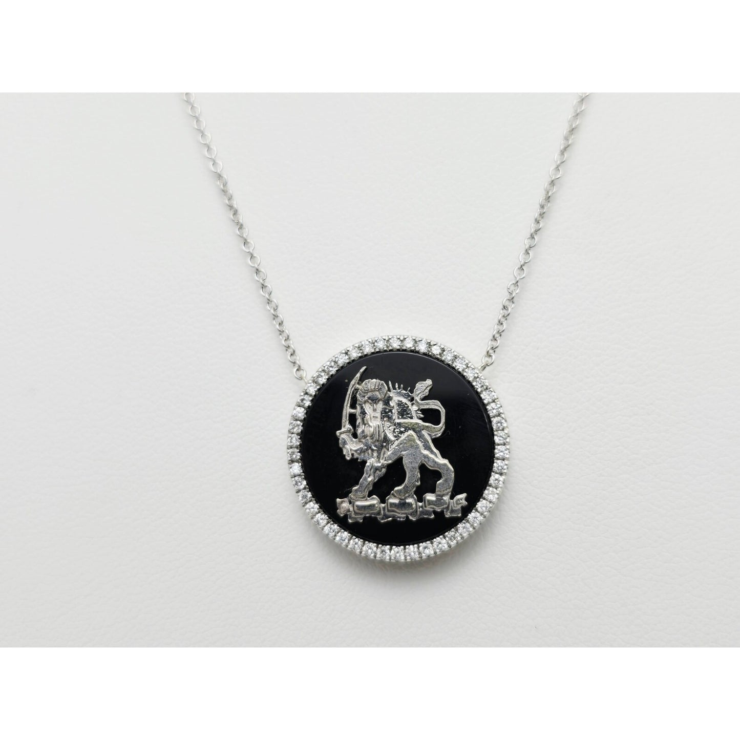 18K White Gold Iran Lion & Sun Onyx & Diamond Pendant Resizable Link Necklace