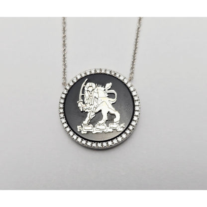 18K White Gold Iran Lion & Sun Onyx & Diamond Pendant Resizable Link Necklace