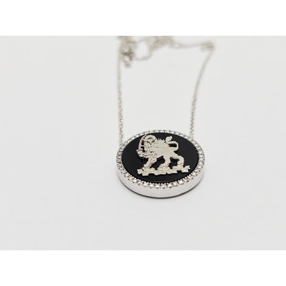 18K White Gold Iran Lion & Sun Onyx & Diamond Pendant Resizable Link Necklace