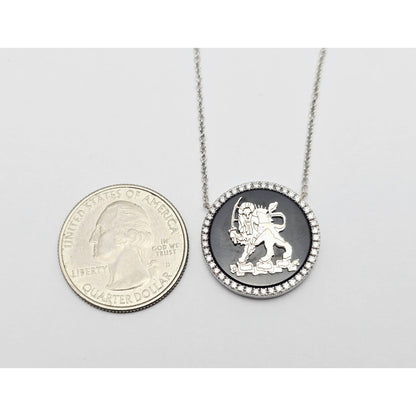 18K White Gold Iran Lion & Sun Onyx & Diamond Pendant Resizable Link Necklace