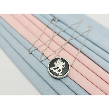 18K White Gold Iran Lion & Sun Onyx & Diamond Pendant Resizable Link Necklace