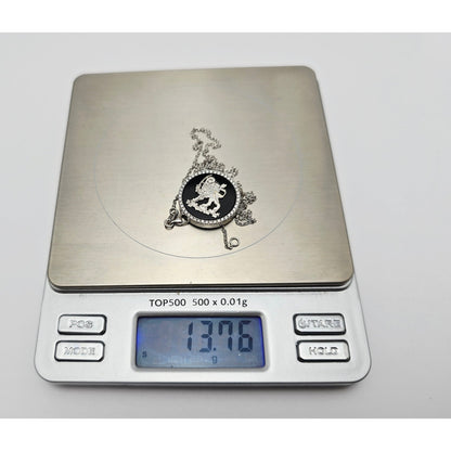 18K White Gold Iran Lion & Sun Onyx & Diamond Pendant Resizable Link Necklace