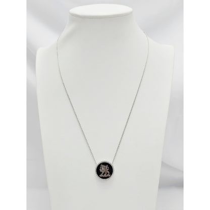 18K White Gold Iran Lion & Sun Onyx & Diamond Pendant Resizable Link Necklace