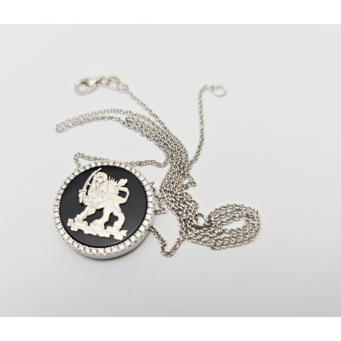 18K White Gold Iran Lion & Sun Onyx & Diamond Pendant Resizable Link Necklace