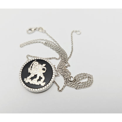18K White Gold Iran Lion & Sun Onyx & Diamond Pendant Resizable Link Necklace