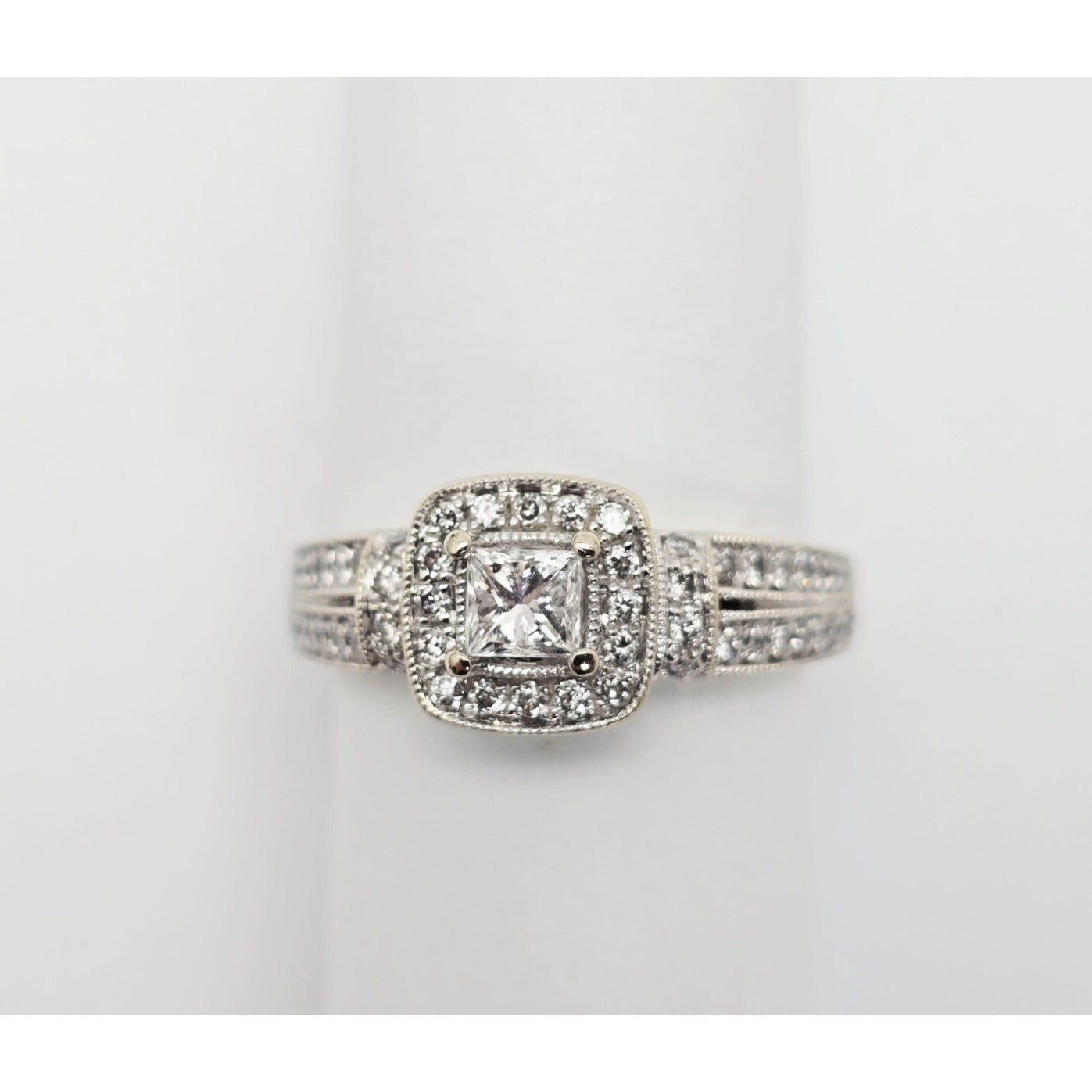 14K White Gold Ladies Diamond Halo Engagement Ring