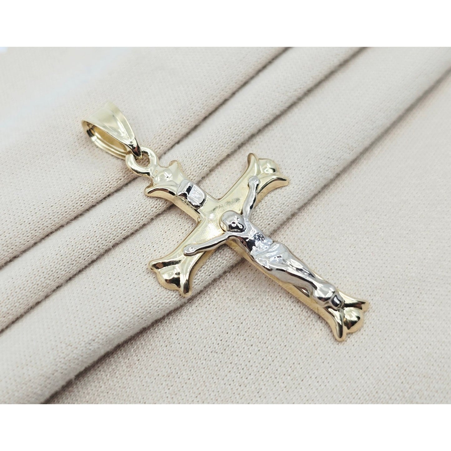 14K Two Tone Gold Jesus on Cross Charm Pendant
