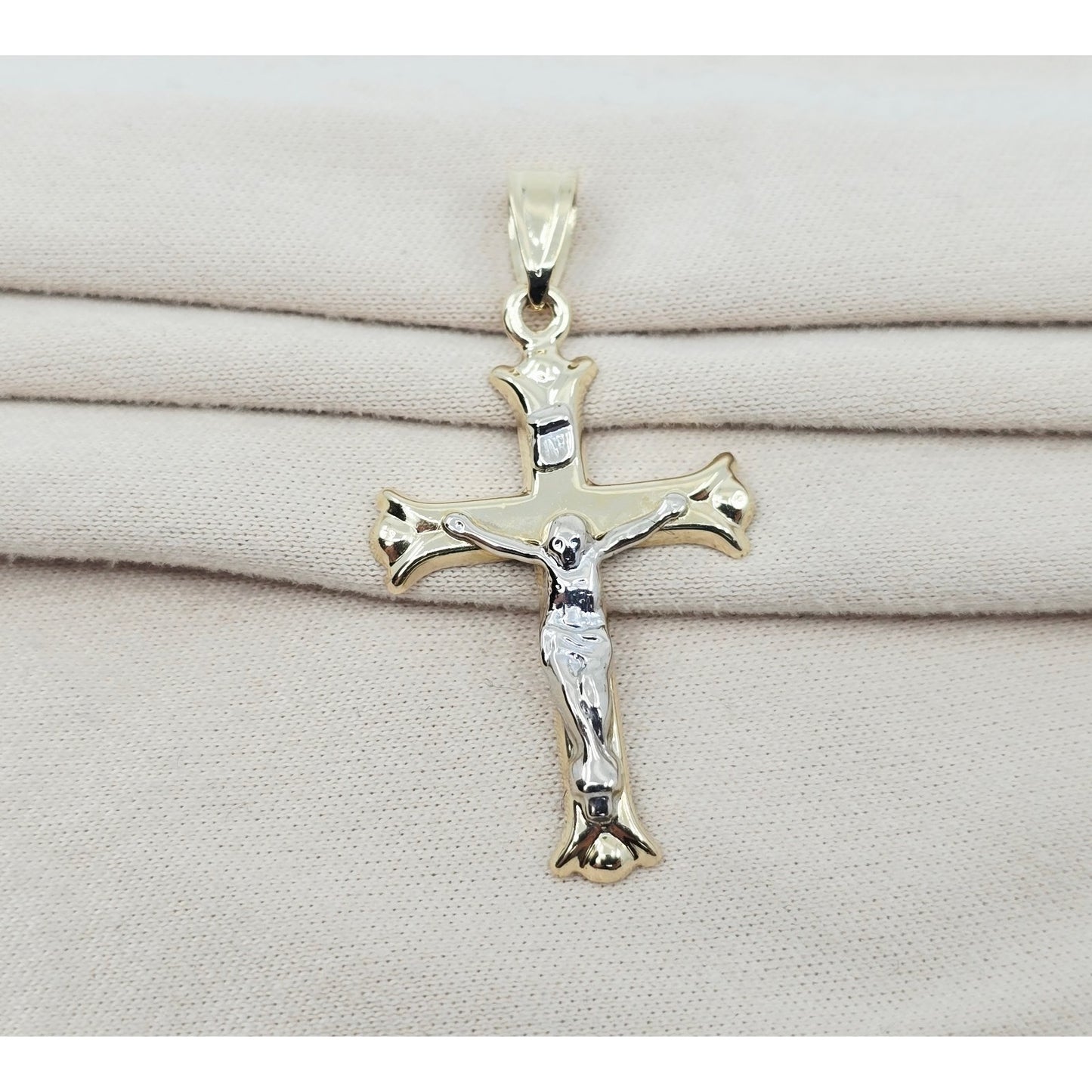 14K Two Tone Gold Jesus on Cross Charm Pendant