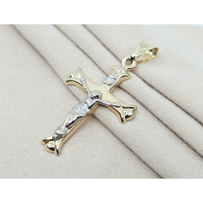 14K Two Tone Gold Jesus on Cross Charm Pendant