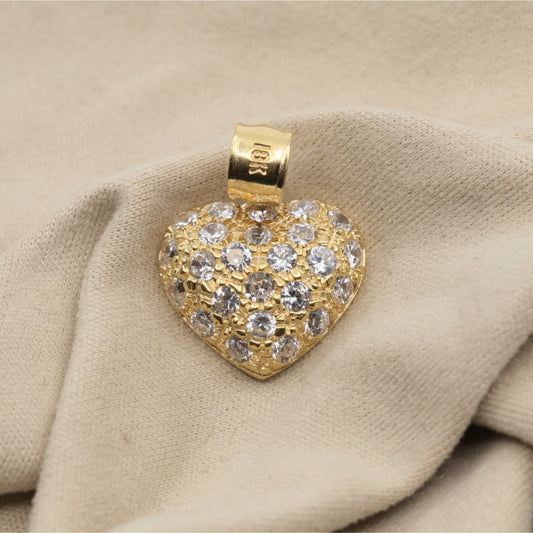 18K Yellow Gold 3D Heart Charm Puffy CZ Pendant