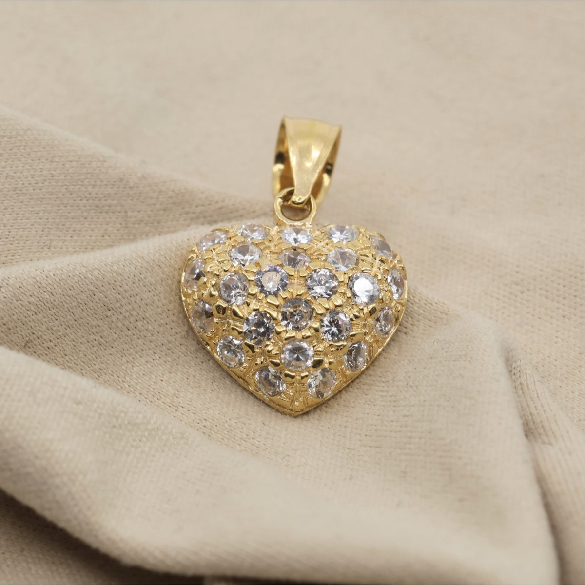 18K Yellow Gold 3D Heart Charm Puffy CZ Pendant