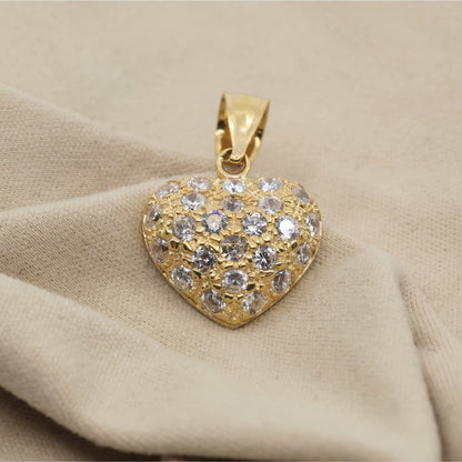 18K Yellow Gold 3D Heart Charm Puffy CZ Pendant