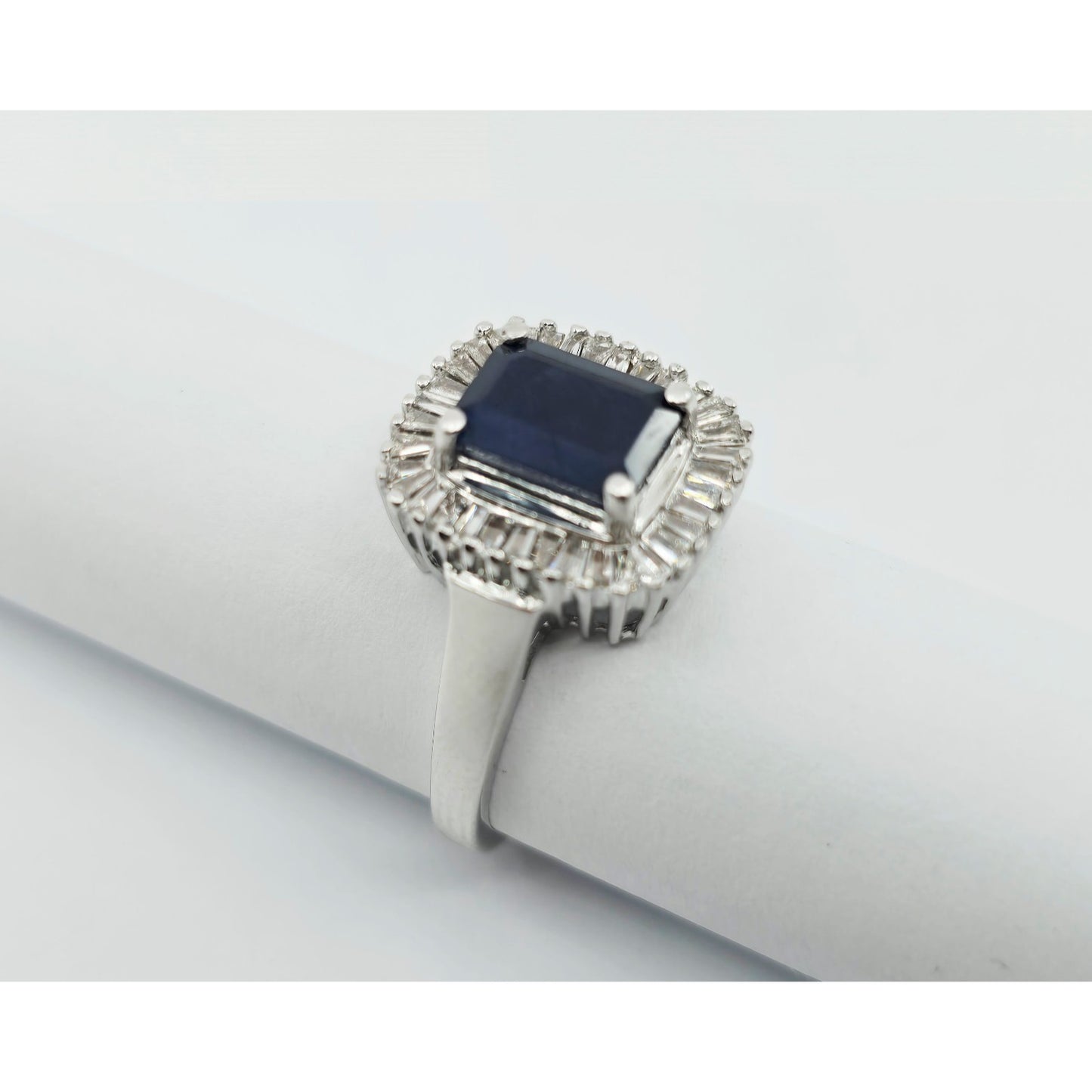 Effy 14K White Gold Blue Sapphire & Baguette Diamonds Halo Ring